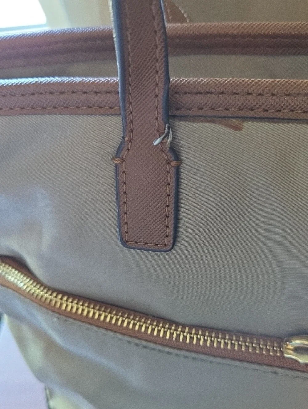 MICHAEL Michael Kors Taupe Nylon Tote with Brown Trim and Gold Hardware - Picture 7 of 12